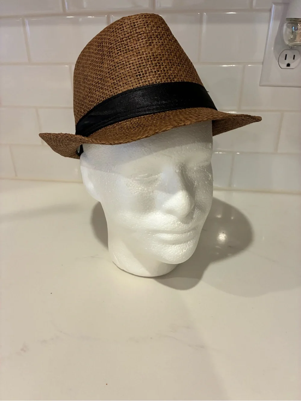 Men's Straw Fedora Hat with Black Band - Tan